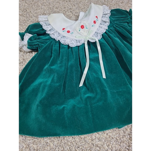 80's Vintage green velvet baby dress 3-6m - Picture 4 of 8
